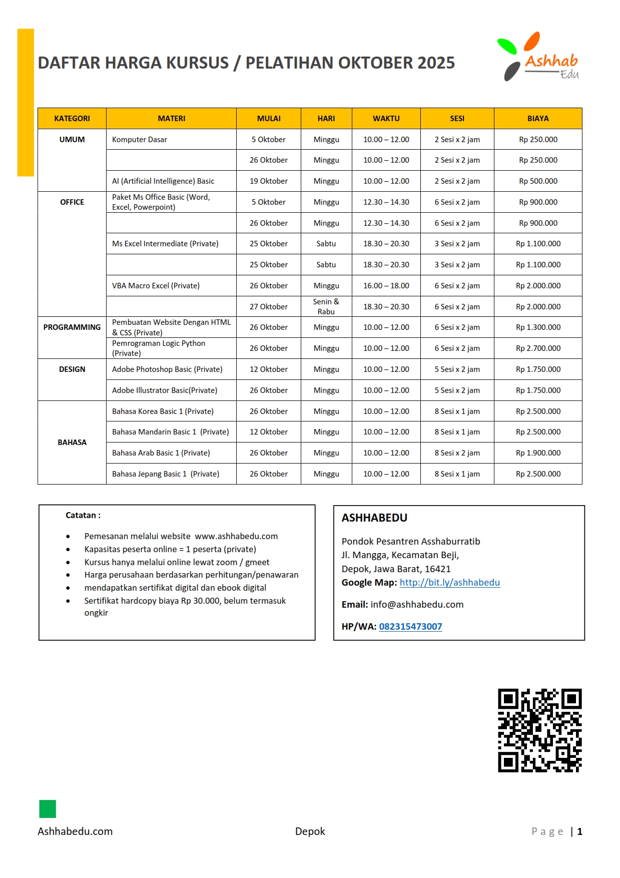 Jadwal Kursus Ashhabedu 2025